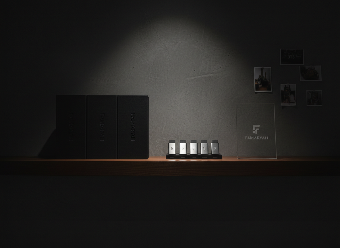 A sleek, dark-stained wooden shelf displaying FAMARYAH-branded portfolio artifacts: elegantly bound, matte-black photo books with embossed titles, a set of USB drives in brushed metal cases, and a minimal acrylic plaque engraved with the logo. Behind them, a textured concrete wall fades into near black, with a single narrow spotlight from above creating a dramatic vignette and subtle reflections on the plaque. A few small, carefully placed BTS prints lean against the wall, their details barely visible in the low light. Shot straight on with a moderate depth of field, the composition is balanced and architectural. The mood is luxurious, restrained, and cinematic, presenting services and finished work as refined objects in a gallery-like environment.