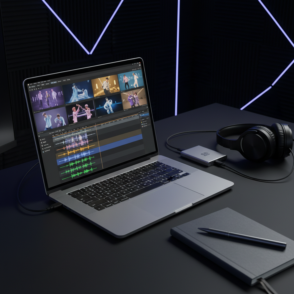 An open laptop displaying a paused BTS editing reel timeline, its interface glowing with color-graded clips and layered audio tracks, placed on a matte black desk. Beside it sits an external SSD, headphones, and a slate-grey notebook with a metallic pen. The setting is a moody editing suite with dark acoustic panels and subtle LED light strips receding into the background. A single off-screen monitor casts cool, cinematic side lighting, carving out sharp highlights on the laptop edges and leaving rich shadows across the desk. Captured from a three-quarter overhead angle, the composition uses leading lines from the desk and light strips to draw the eye to the screen. The atmosphere is focused, modern, and sophisticated, emphasizing the precision of reel editing and visual storytelling.