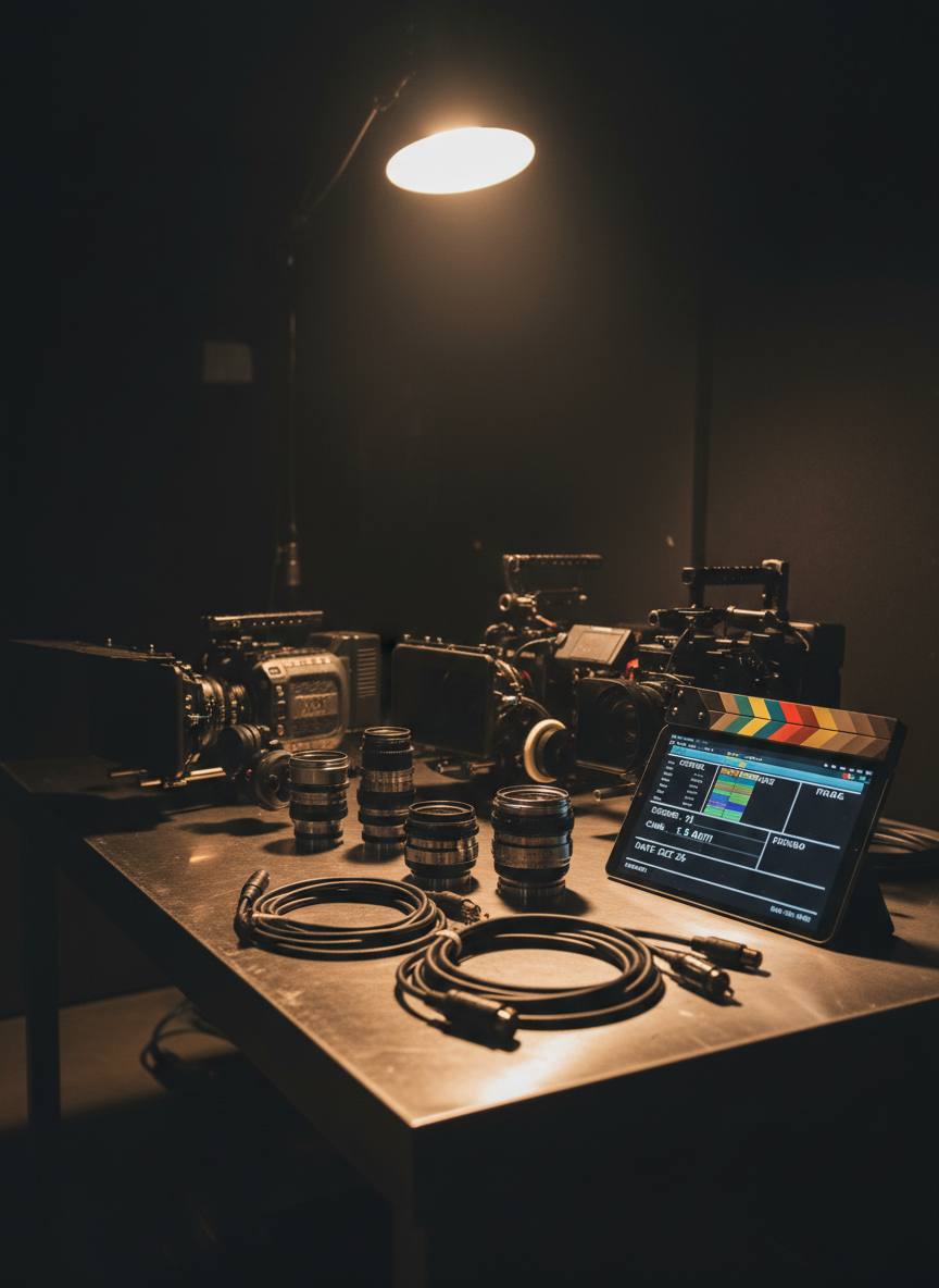 A meticulously arranged collection of high-end cinema cameras, matte box rigs, and vintage lenses resting on a dark brushed-metal workstation. Around them lie neatly coiled black cables, a sleek clapperboard with chalk markings, and a tablet displaying an editing timeline. The environment is a dim studio corner, walls fading into shadow, with a single overhead practical casting a focused, cinematic pool of light that grazes the equipment and leaves the background in deep, velvety darkness. Shot at eye level with a shallow depth of field, edges blooming into creamy bokeh. The mood is sophisticated, technical, and quietly intense, evoking the hidden craft behind every shot in a dark cinematic, photographic realism style.