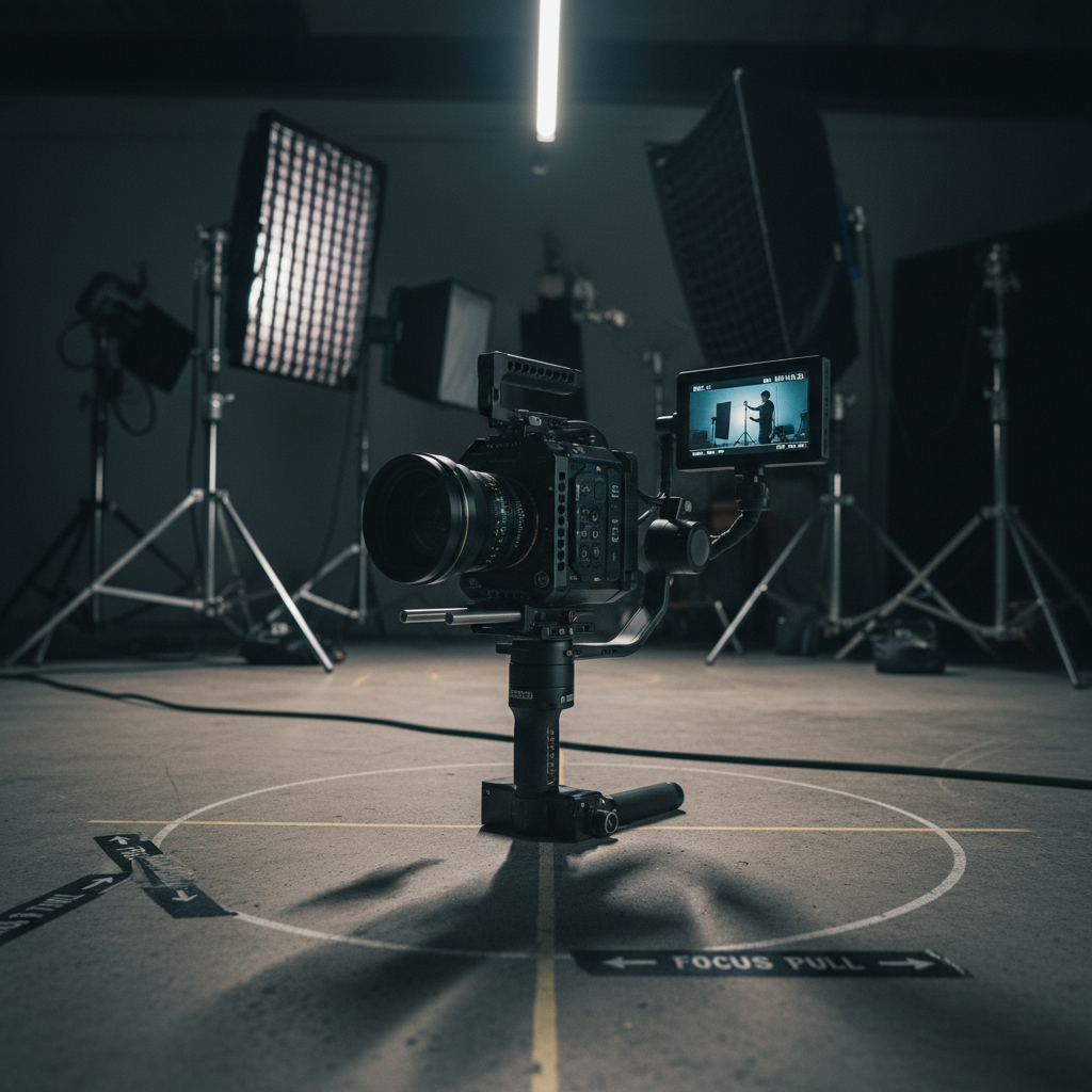 A detailed close-up of a professional camera mounted on a compact gimbal, perfectly balanced, with a small external monitor displaying a frozen frame from a cinematic BTS shot. The rig rests on a concrete studio floor, surrounded by faint chalk marks and taped focus points. In the background, out-of-focus C-stands, softboxes, and light flags form a textured, shadowy environment. Low-key, directional lighting comes from a narrow strip of cool light above, accentuating the metal surfaces and rubber grips while casting long, dramatic shadows behind the rig. Shot from a low angle, almost at floor level, with intense shallow depth of field, the image feels precise, controlled, and quietly powerful, reflecting the sophistication of movement and composition in BTS cinematography.