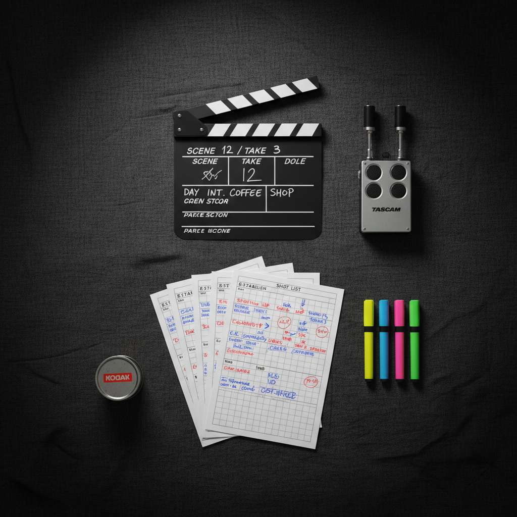 A curated flat lay of carefully chosen BTS storytelling tools laid out on a deep charcoal fabric backdrop: a timecoded clapperboard with handwritten scene notes, a stack of printed shot lists with margin annotations, a compact field recorder, colored highlighters, and a small, old-school film canister for contrast. Subtle, diffused top lighting creates gentle gradients across the fabric and soft, cinematic shadows around each item. The edges of the frame fall into slightly darker tones, focusing attention toward the center. Captured from a perfectly overhead, symmetrical composition, the mood is methodical, reflective, and intellectual, emphasizing the narrative planning and structure behind seemingly spontaneous moments. The visual style is minimalist yet richly textured, aligning with a dark, sophisticated cinematic portfolio aesthetic.