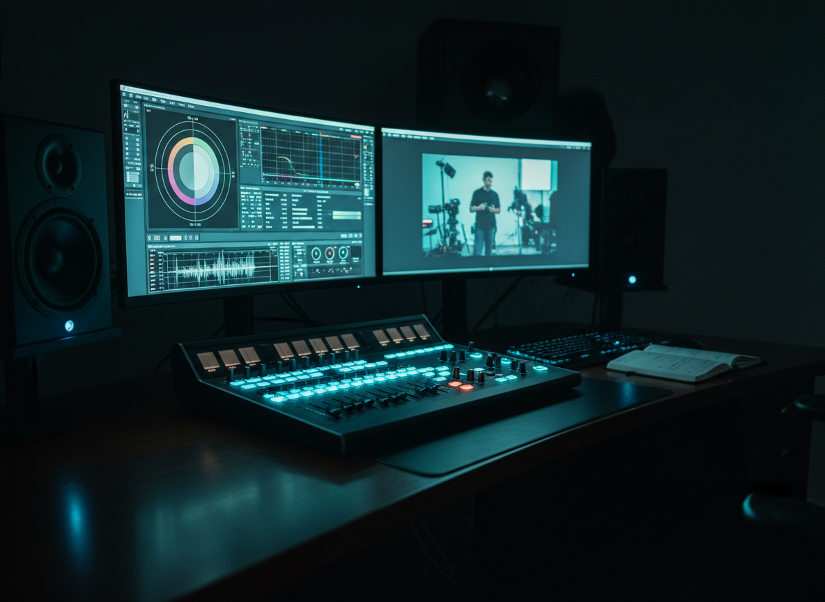 A moody, cinematic workstation dedicated to sound and reel finishing: a dark wooden desk with dual ultra-wide monitors showing color wheels, waveform scopes, and a graded BTS frame. A backlit control surface with glowing dials and faders stretches across the front, next to a weighted keyboard and a small notebook filled with neatly written cues. The room is enveloped in darkness except for the cool blue and teal light from the screens, which casts soft reflections on the desk and accents the edges of studio speakers flanking the monitors. Captured from a slightly low, off-center angle, with shallow depth of field pushing the far corners into soft blur. The atmosphere is immersive, technical, and contemplative, embodying the sophistication of post-production craft.